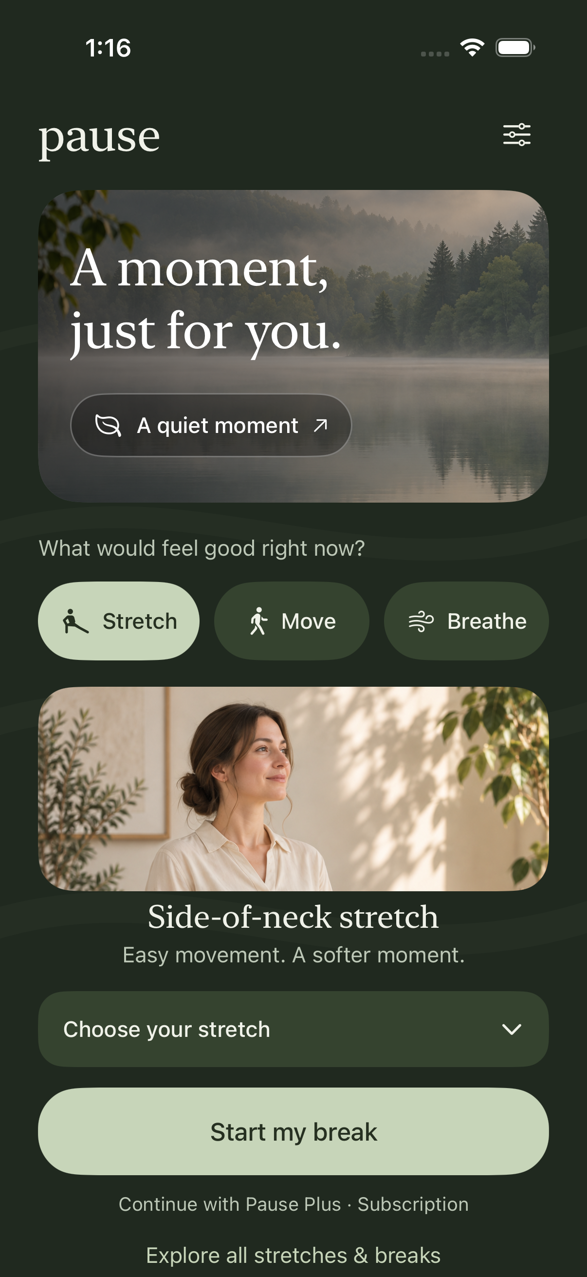 Inside Pause: choose Stretch, Move or Breathe, then start a guided break.